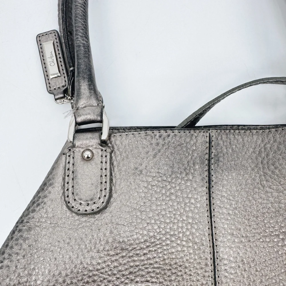 Cole Haan XL Silver Pebbled Leather Satchel Hobo Shoulder Bag Crossbody‎ Strap